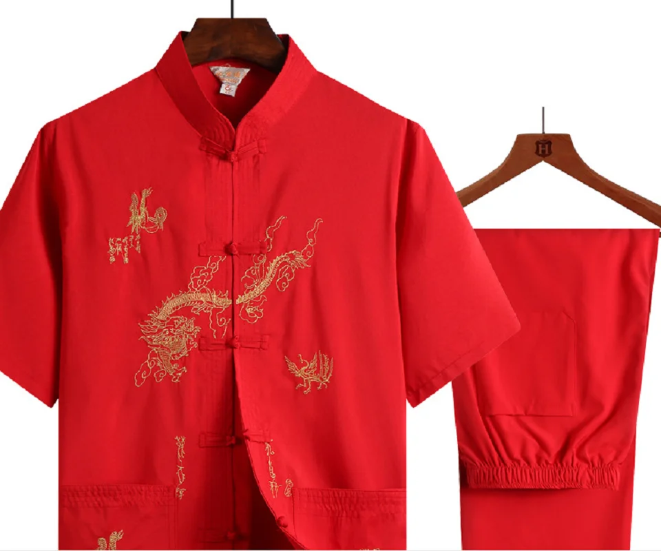 Wholesale New Men Chinese Style Tang Suit Embroidered Dragon Short Sleeve Kung Fu Martial Art Clothing Hanfu Pajamas Set M-XXXL