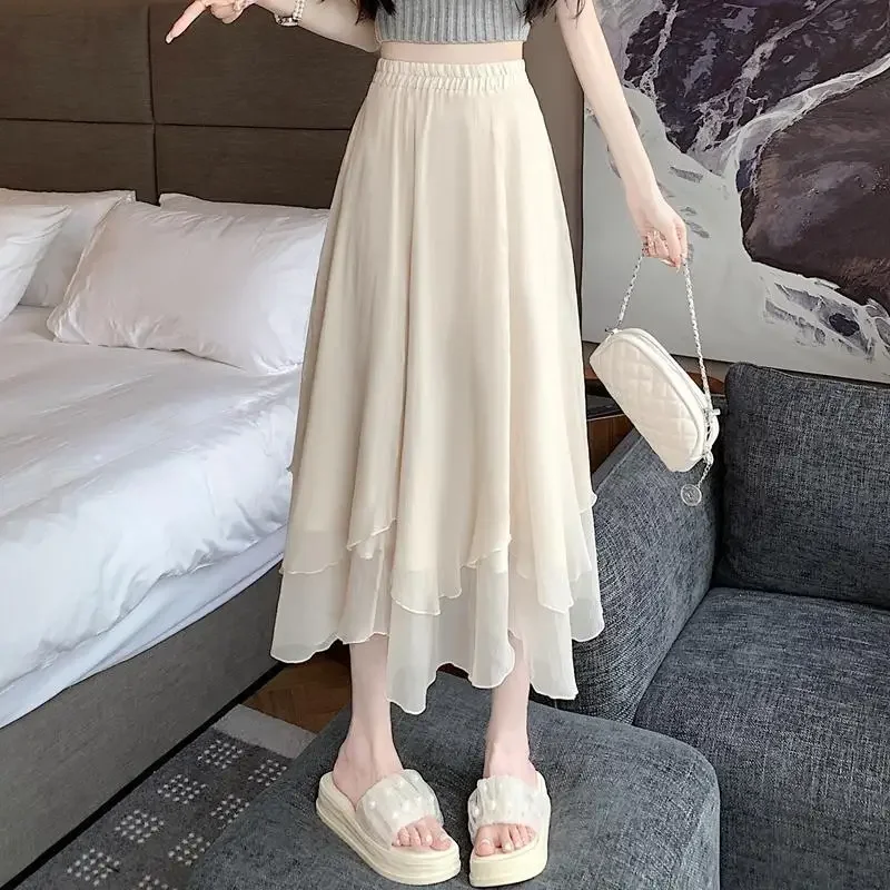 

Sweet Solid Color Spliced Gauze Irregular Skirts Female Clothing Summer New Loose Asymmetrical Elastic High Waist Skirts V90