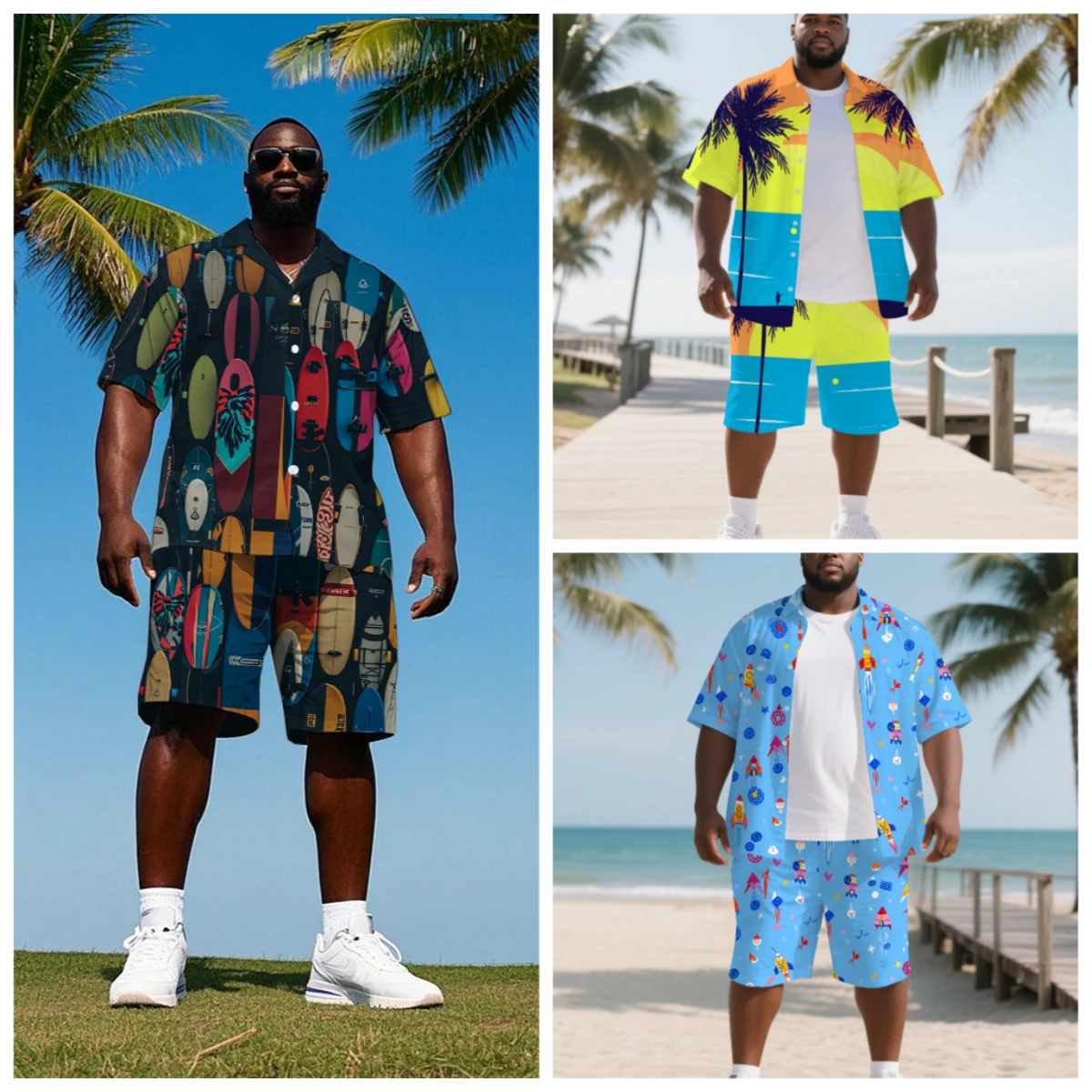 

S-9XL Big and Tall Men Fun Surfboard & Space Print Hawaiian Shirt Shorts Set Casual 2-Piece Outfit