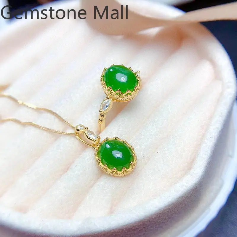 Natural Green Jade Ring and Pendant 8mm*10mm Total 6ct Natural Jade 925 Silver Jewelry Set with Gold Plating Woman Birthday Gift