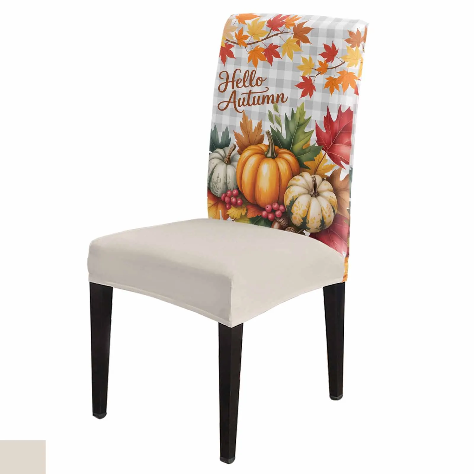 

Hello Autumn Grey Plaid Pumpkin Spandex Chair Cover Office Banquet Chair Protector Cover Stretch Chair Cover for Dining Room