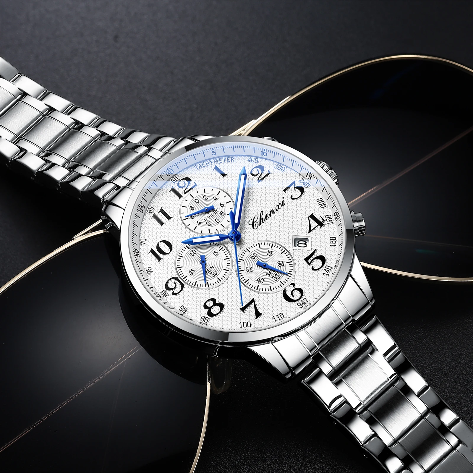 Chenxi 947 Original Men's Watches Classic Multifunctional Silver Stopwatch Quartz Wristwatch Waterproof reloj