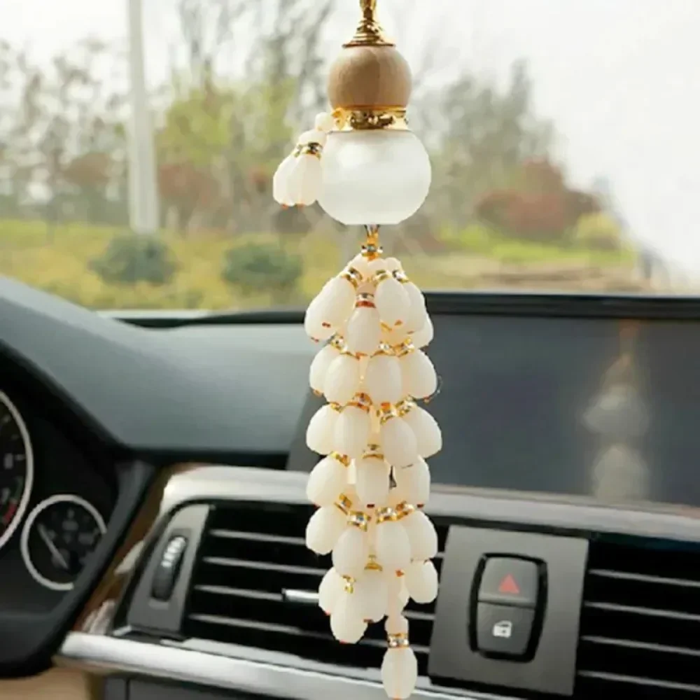 Car Perfume Bottle Mini Gourd Shaped Pendant White Jade Tassel Wood Lid Aromatherapy Air Freshener Auto Perfume Pendant Bottle