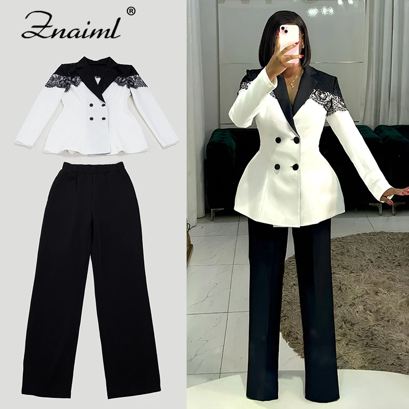 

Znaiml, костюмы-блейзеры из двух предметов, женские осенние черные блейзеры с кружевной строчкой, топы и прямые брюки, деловой формальный стиль OL