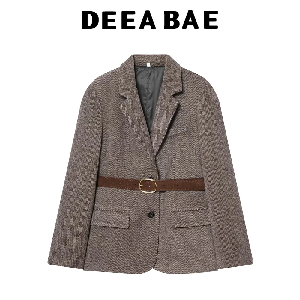 

DEEABAE Новая зимняя женская куртка с длинными рукавами и воротником, подплечниками и поясом, диагональная куртка в елочку