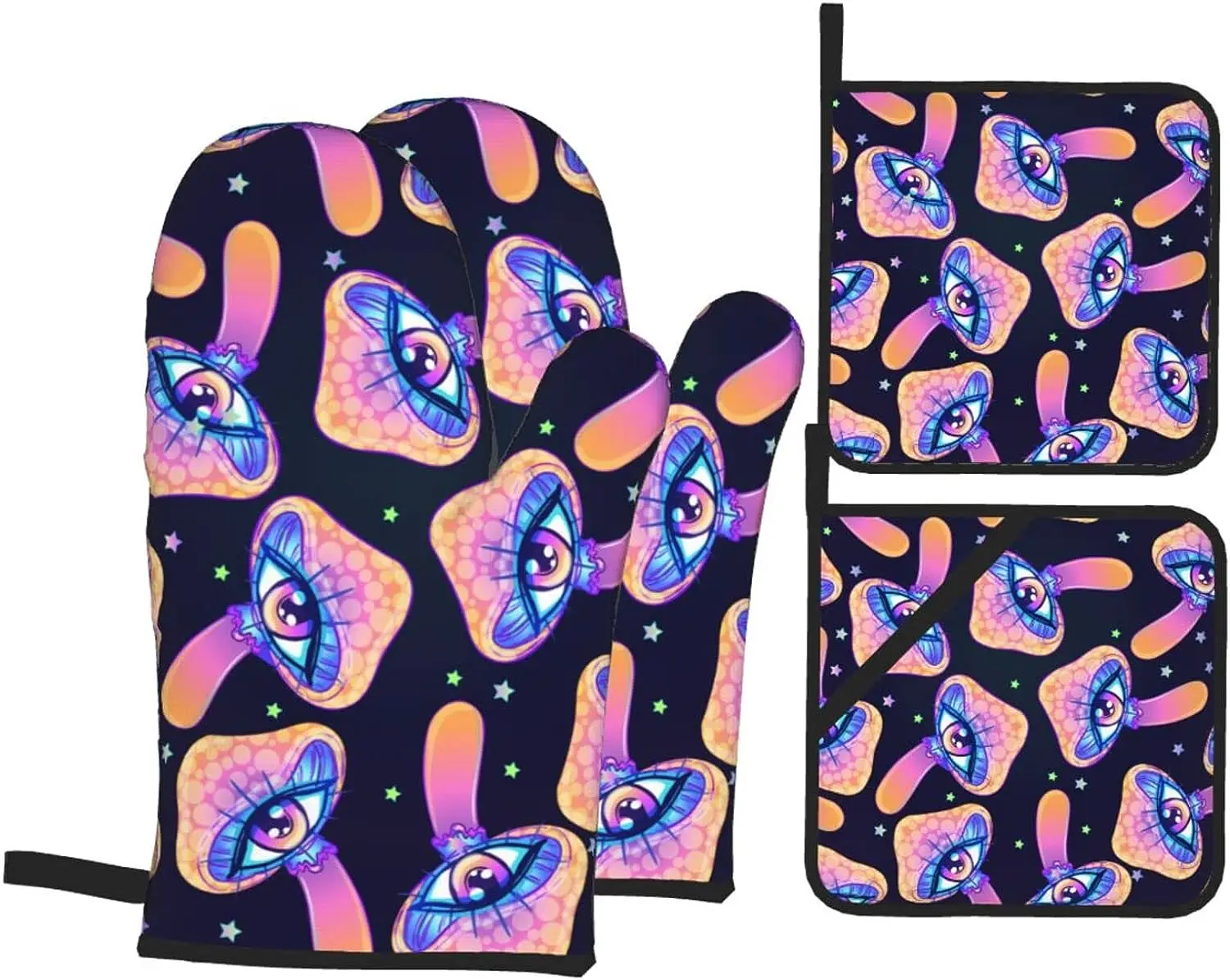 

Oven Mitts Sets of 4 High Heat Resistant Trippy Mushrooms Magic Hippie Oven Mitts with Oven Gloves and Hot Pads Potholders