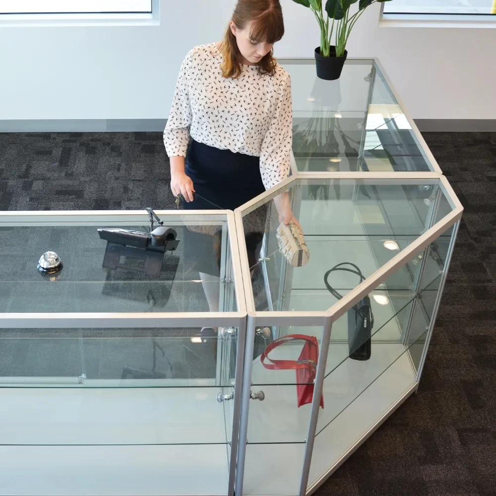 KEWAY L Shape Jewelry Display Counter Corner Showcase Retail Glass Cabinet