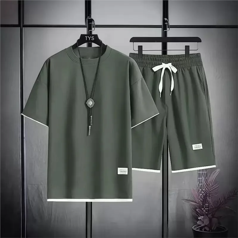 Summer New Fashionable Solid Color Retro Sports Running Short Sleeve Shorts Set for Men's Casual Loose Large Two Piece Set