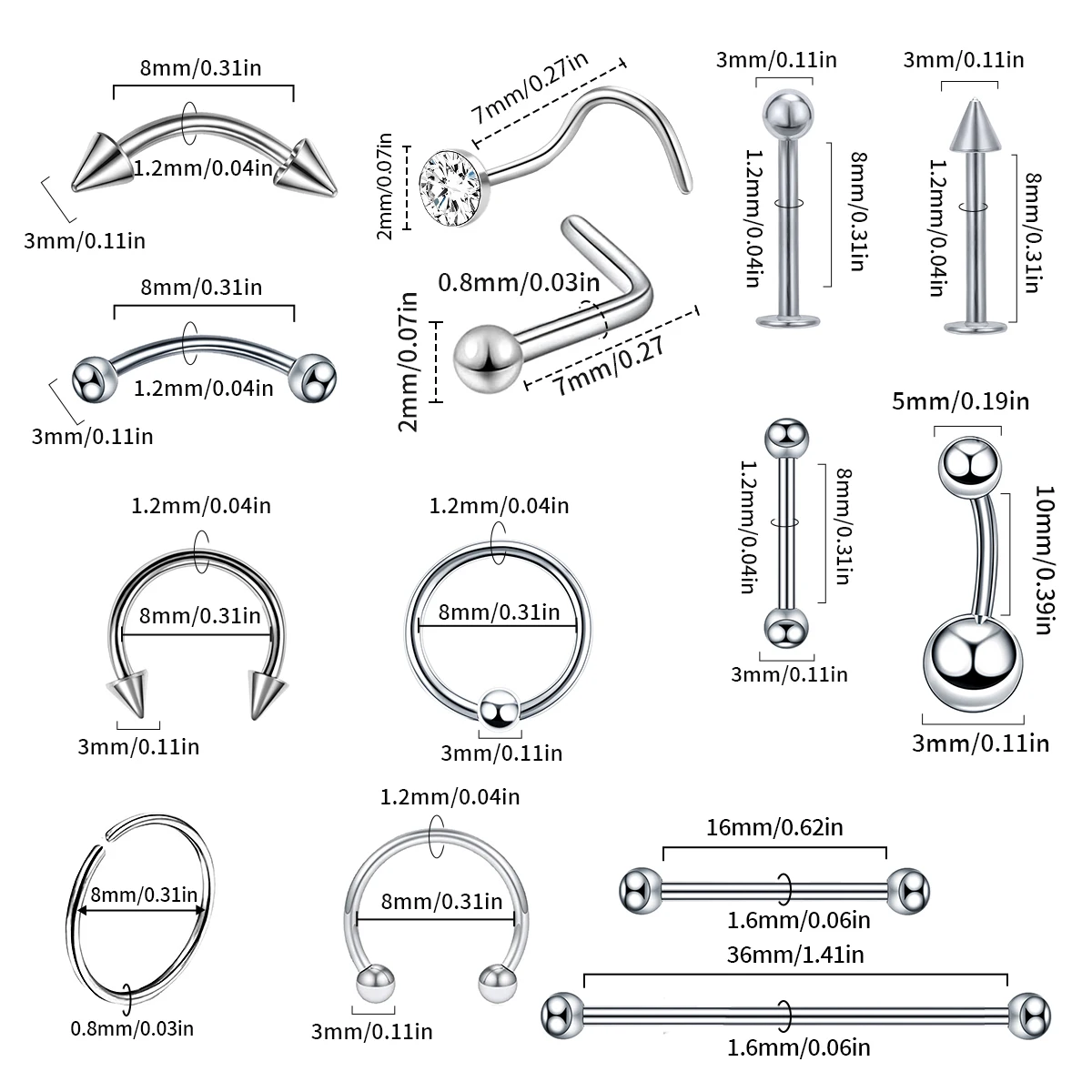

70pc Surgical Steel Eyebrow Labret Piercing Set Body Piercing Jewelry Lot Bulk Nose Ring Tongue Bar Lot Horseshoe Ring Lot Pack