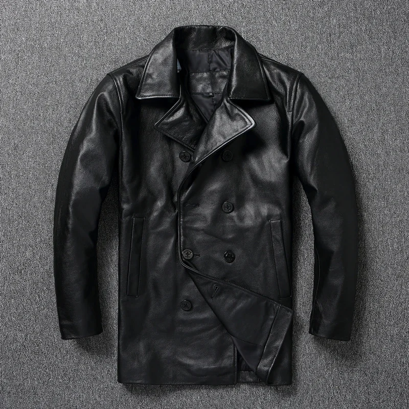 

shipping.Men Free Winter genuine leather jacket.740 Plus size black cowhide long business coat.무스탕 overcoat.Trench