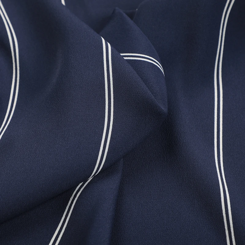 135Cm Wide 21Mm Thick Silk Cotton Crepe de Chine Fabric For White Stripes Printed on Dark Blue Dress Clothing Cheongsam R240