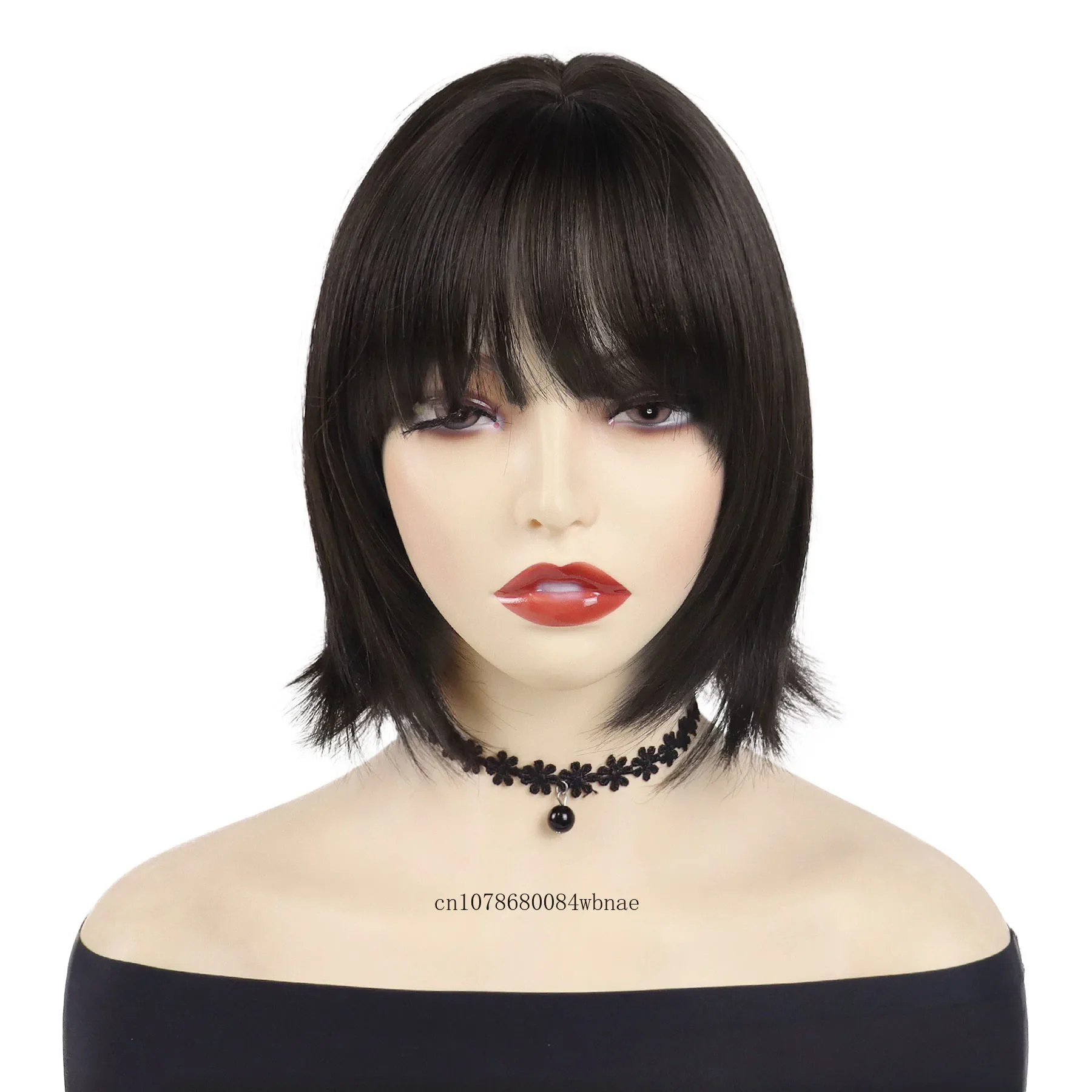 Dark Brown Synthetic Costume Wigs for Women Girls Short Straight Bob Flip Wig Natural Looking Cute Hair Cosplay Party Halloween