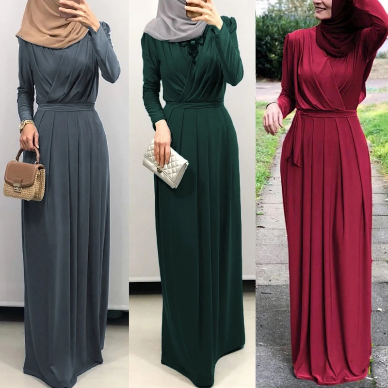 

Women Muslim Long Sleeve Abaya Maxi Dress Ruched V-Neck Belted Robe Dubai Kaftan