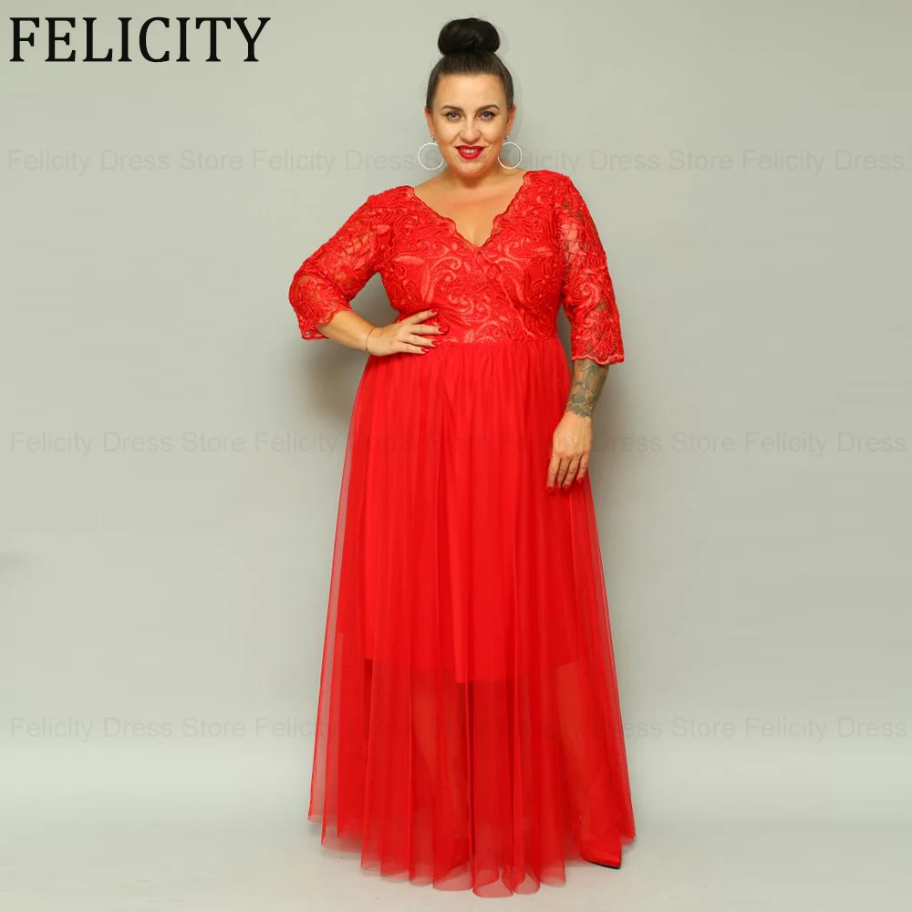 

Red Elegant Plus Size Mother of the Bride Dresses 2024 A-Line V-Neck Wedding Guest Dresses Tulle Lace Floor-Length Evening Gowns