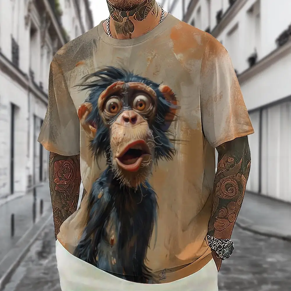 Summer Men's Short Sleeve T-shirt Emotional Monkey Print Funny Sublimation Loose Fit T-shirt For Men Cute Animal Stylish Man Top