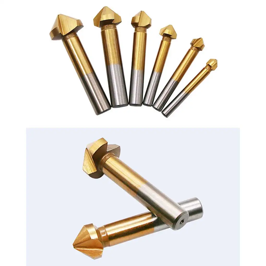 

6pcs/Box 6.3-20.5mm Chamfering End Mill Cutter 3 Flute Round shank 90 Degree HSS Countersink Deburring Tapered Drill Bit