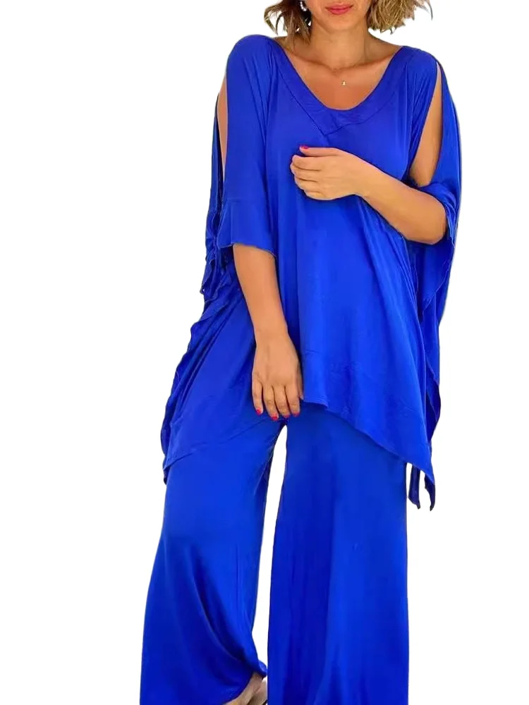 

Fashion Summer Solid Color Pants Sets Women Half Sleeves V-neck Loose Long T Shirt Loose Wide Legs Trousers Two Piece Set Female