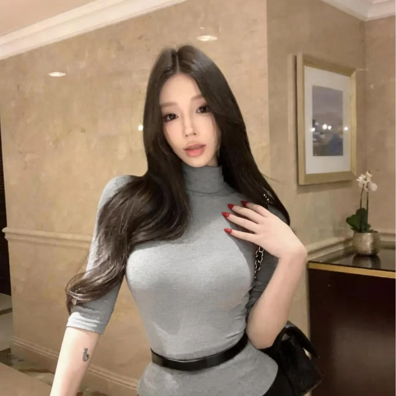 Slim Fit High Collar mid Sleeve Autumn Set Women's Pure Desire Style T-Shirt And Half Skirt Ensemble Chinese Daily Wear