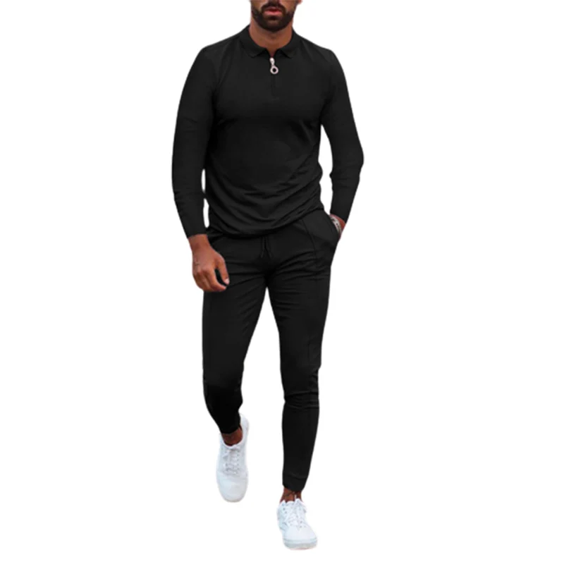 Men's Slim Fit Two-piece Sets Lapel Circle Zipper Long Sleeve Tops Elasticated Waist Pencil Pants Youth Male Sports Casual Suits