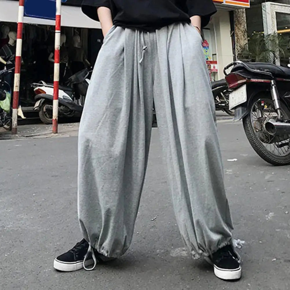 Men Joggers Sweatpants Wide Leg Lantern Pants Loose Deep Crotch Elastic Waist Ankle Length Casual Pants Pockets Unisex Trousers