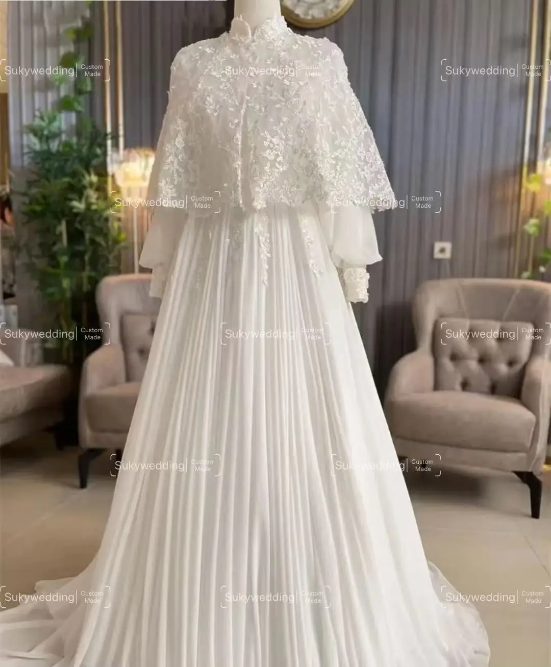 Vestidos de novia musulmanes personalizados con envolturas, manga larga, cuello alto, encaje, línea A, largo hasta el suelo, vestido de novia islámico de estilo campestre