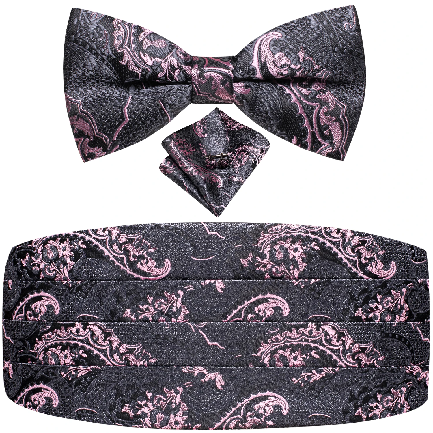 Hi-Tie Silk Gray Pink Mens Cummerbunds Vintage Jacquard Bowtie Hanky Cufflinks Cummerbund Belt Corset For Male Wedding Events