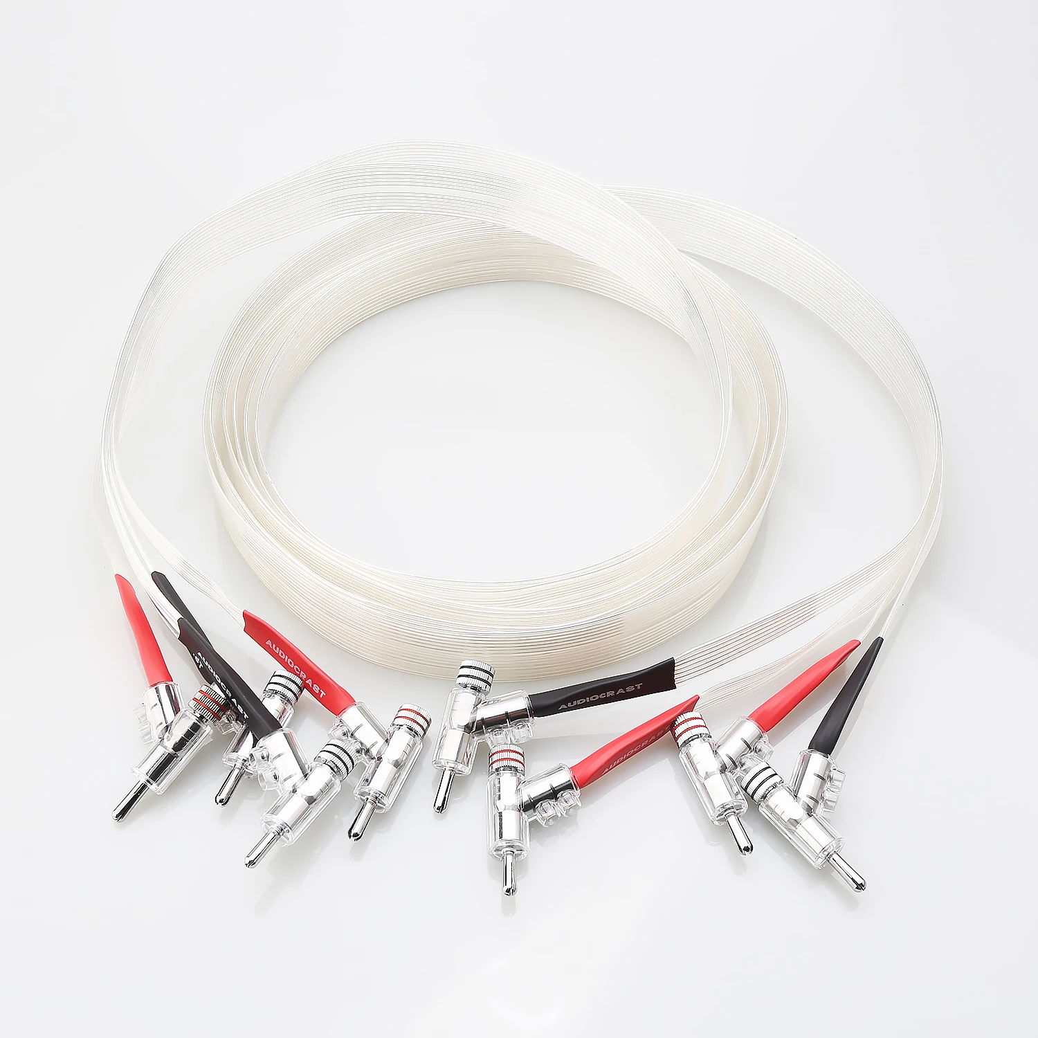Pair HIFI 7N OCC White Ribbon Flat Speaker Cable with Self Lockable 45° Banana Connector for Loudspeaker & Amplifier