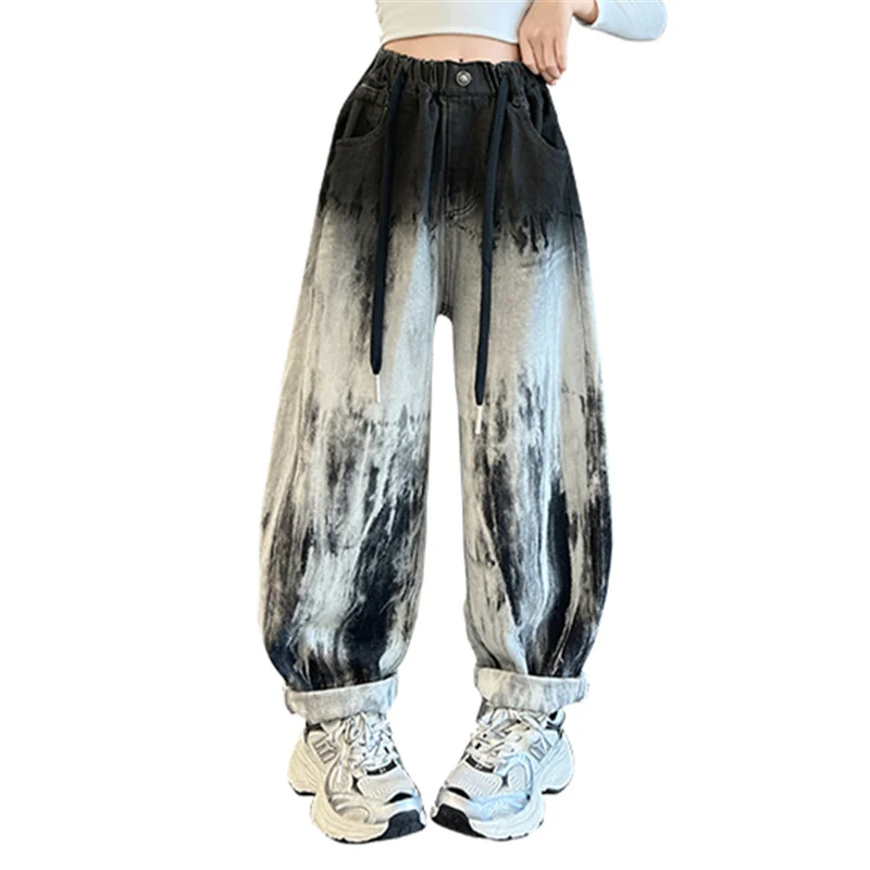 Child Retro Gradient Grey Black Baggy Jeans For Girls Fashion Street Denim Pants Kids Loose Style Fashion Jeans Trousers 5-14T