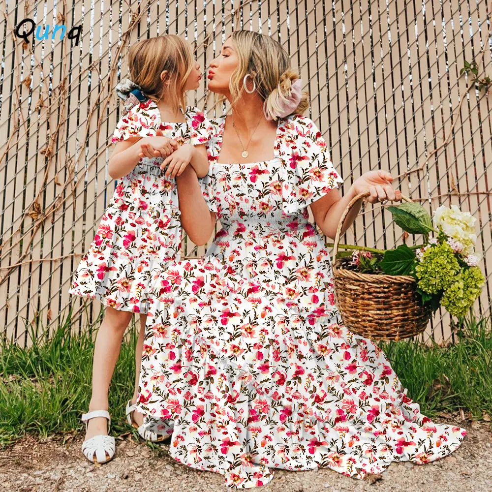 Qunq Summer Parent-Child Outfit Square Collar Fashion Print Bind Ruffle Sleeve Sweet Dress Mommy And Daughter Matching Clothes