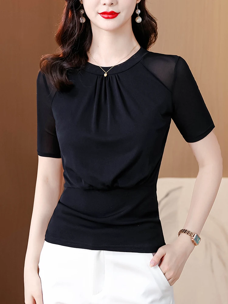 

Bla Lace ort Sve T-irt Women's Slim Fit Me Base irt Faionable Summer Top Korean Sle round Ne Regular Length