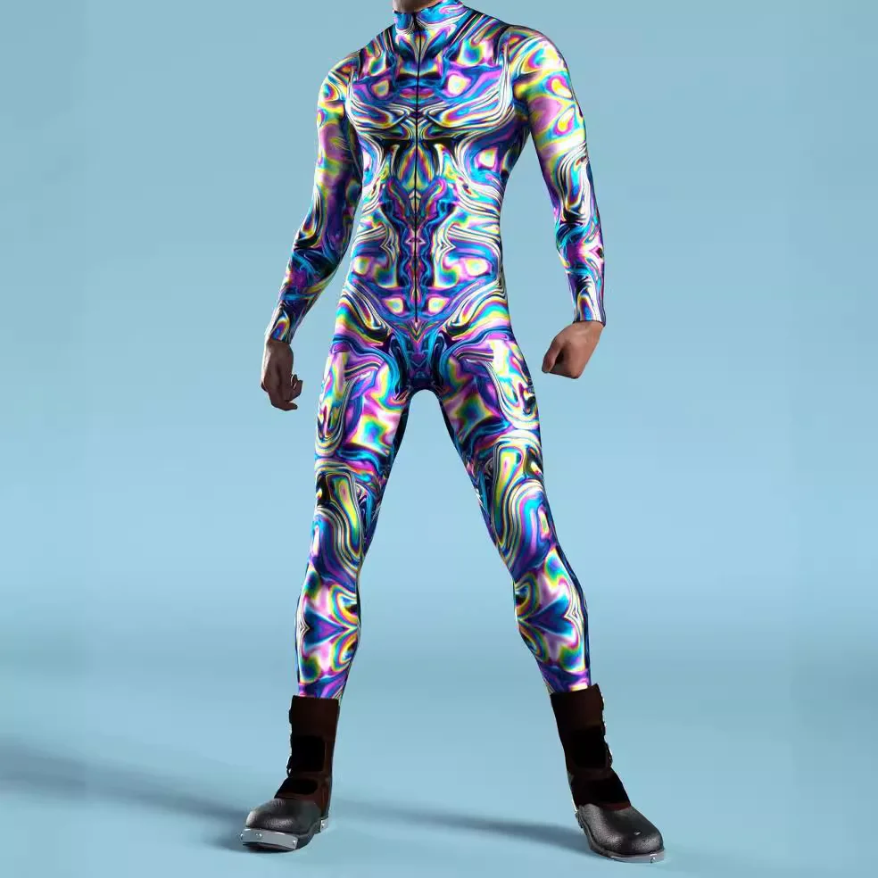 Cosplay mecânico colorido estampado para homens, esqueleto cibernético, macacão punk, bodysuit Zentai, traje de desempenho, festa de Halloween