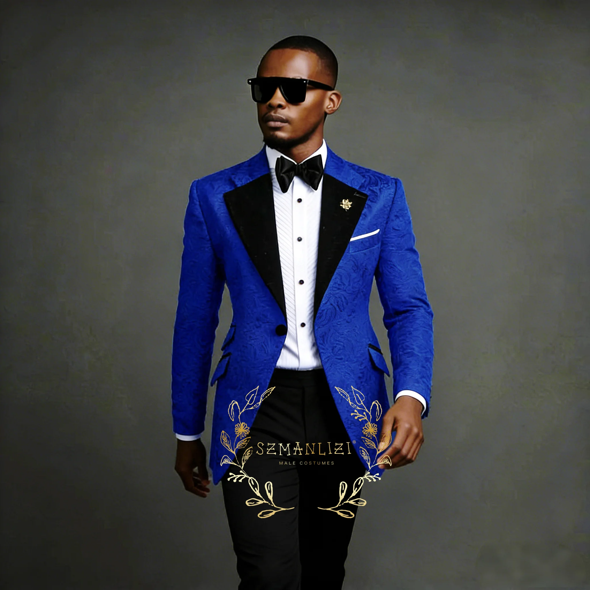 

Handsome Royal Blue Jacquard Suits For Men Slim Fit Single Breasted Formal Groom Tuxedos Set Jacket Pant Wedding Groomsmen Suits