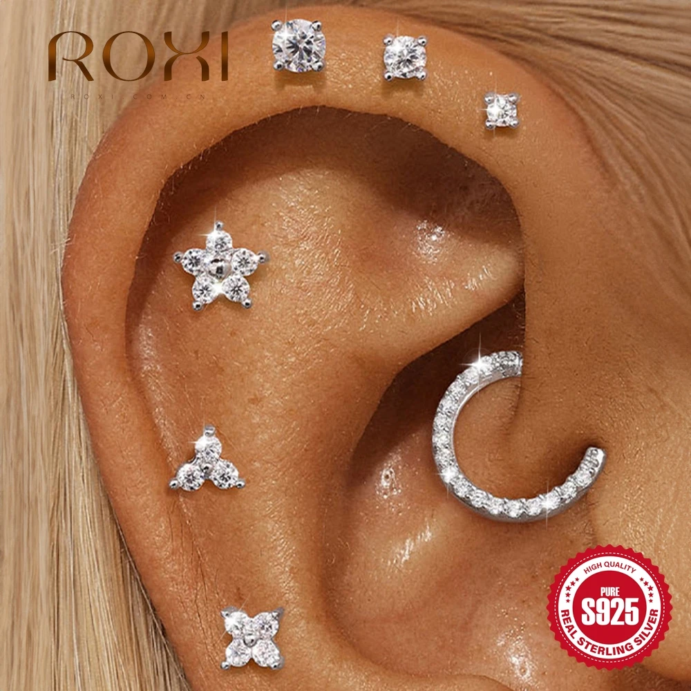 

ROXI 925 Sterling Silver Four Claws Round/Flower Moissanite Piercing Earring For Women Daily Wear Birthday Graduations Gifts