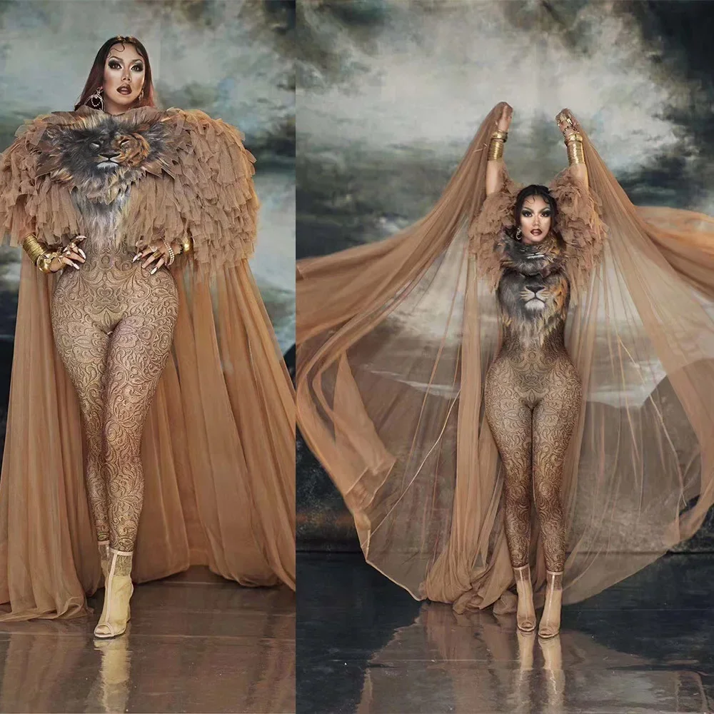 Combinaisons Sexy imprimées Lion marron avec longue gaze, modèle de défilé de mode, Costumes de scène, tenues Drag Queen Rave