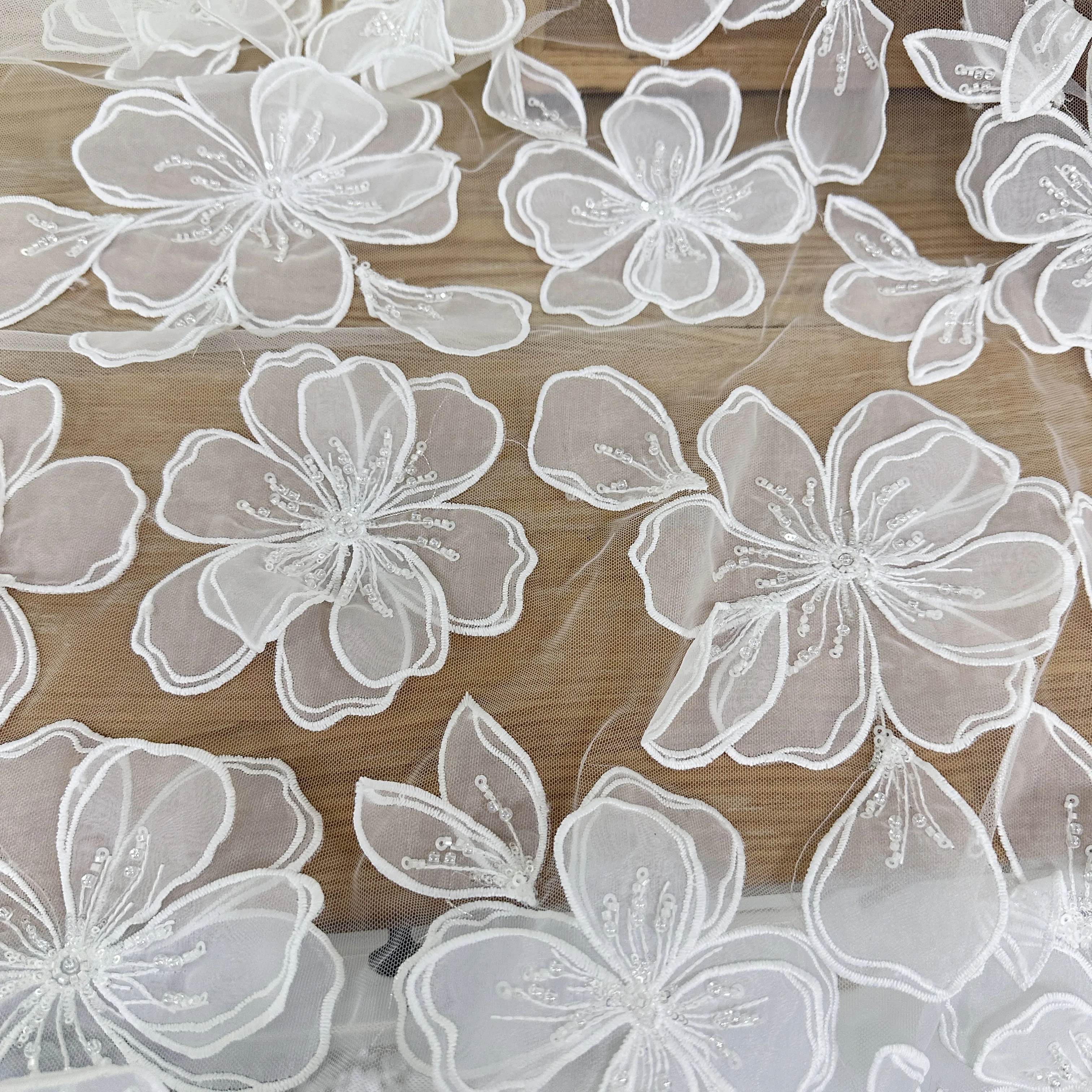 1 Yard 3D Big FFlower Embrodidery Lace Fabric in Off White , Wedding Gown Bridal Fabric
