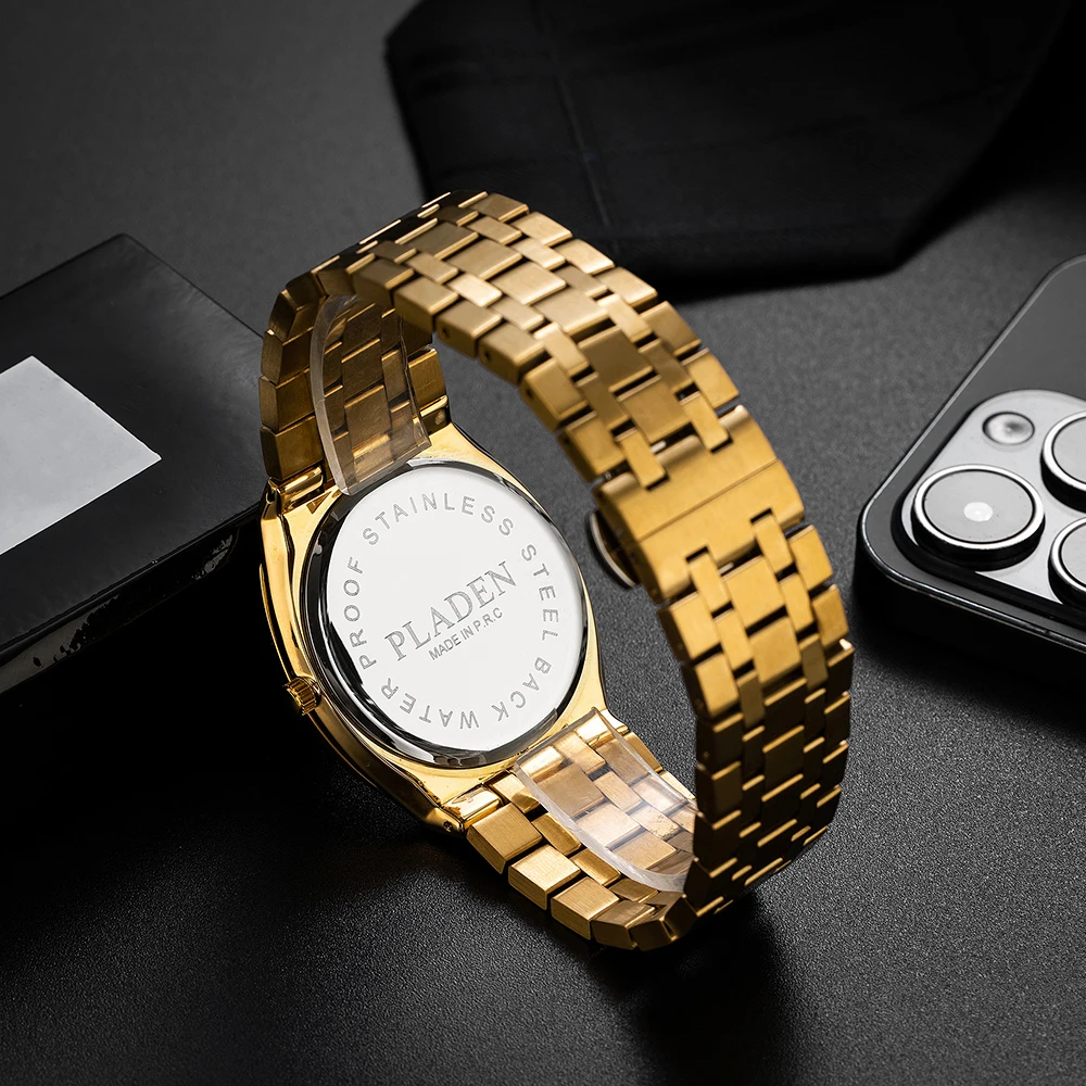 2024 Luxury New Gold Watch For Men Brand PLADEN Business Quartz WristWatch Man Fashion Thin Case Clock Gift Reloj Free Shipping