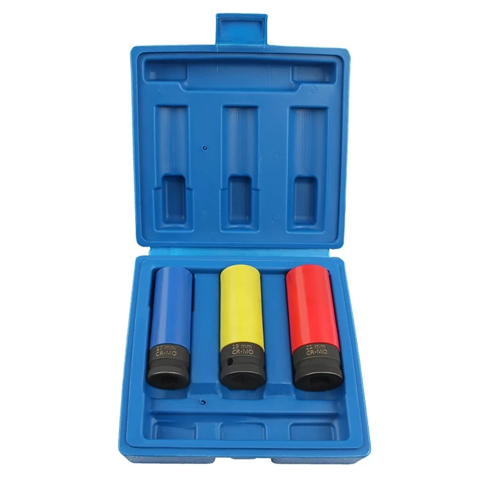 3 Piece Tire Sleeve Kit 17mm 19mm 21mm Hex Sockets with 77mm Extended Length and Plastic Rim Protection Sleeve