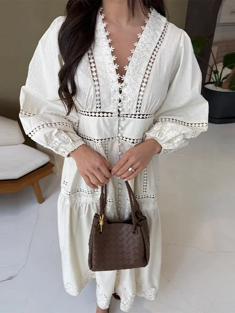 レースロングドレス レディース Vネック パフスリーブ Aラインワンピース 女性用 新作 夏 パーティー ホリデー ビーチウェア