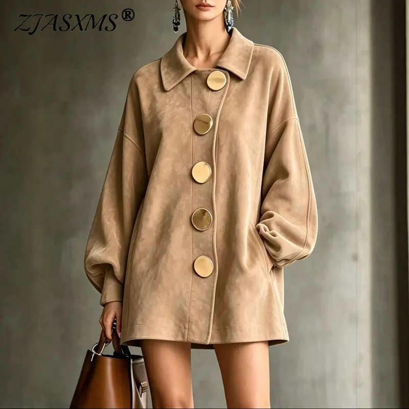 Trun-down Collar Faux Suede Jackets Women Puff Lantern Sleeve Big Gold Button Front Loose Coat Solid Retro Fall Winter Outerwear