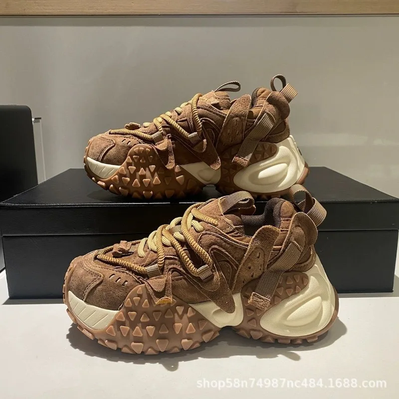 Men Chunky Dad Sneakers Retro Mesh Suede Rubber Sole Wear-resistant Lace Up Platform Shoes Summer Outdoor Casual Sports Trainers