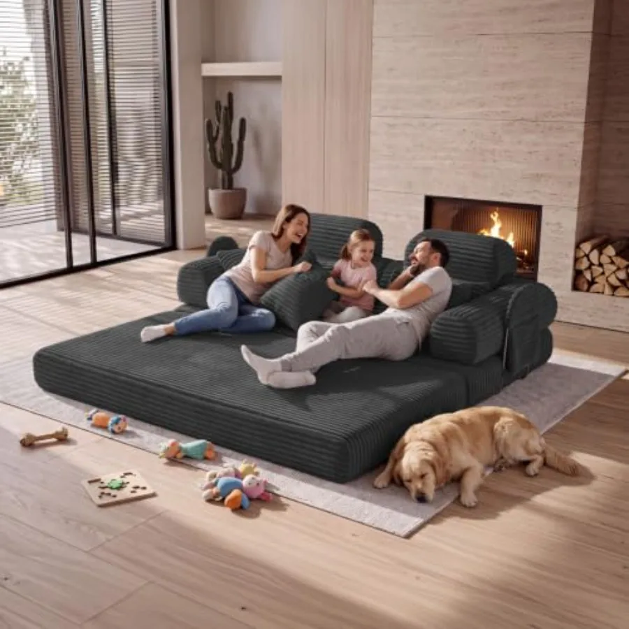 for Living Room, High Back Futon Sofa Bed Set: Fabric, Gray, Converts Easily from Sofa to Full-Size Bed with Sturdy Wooden Fram