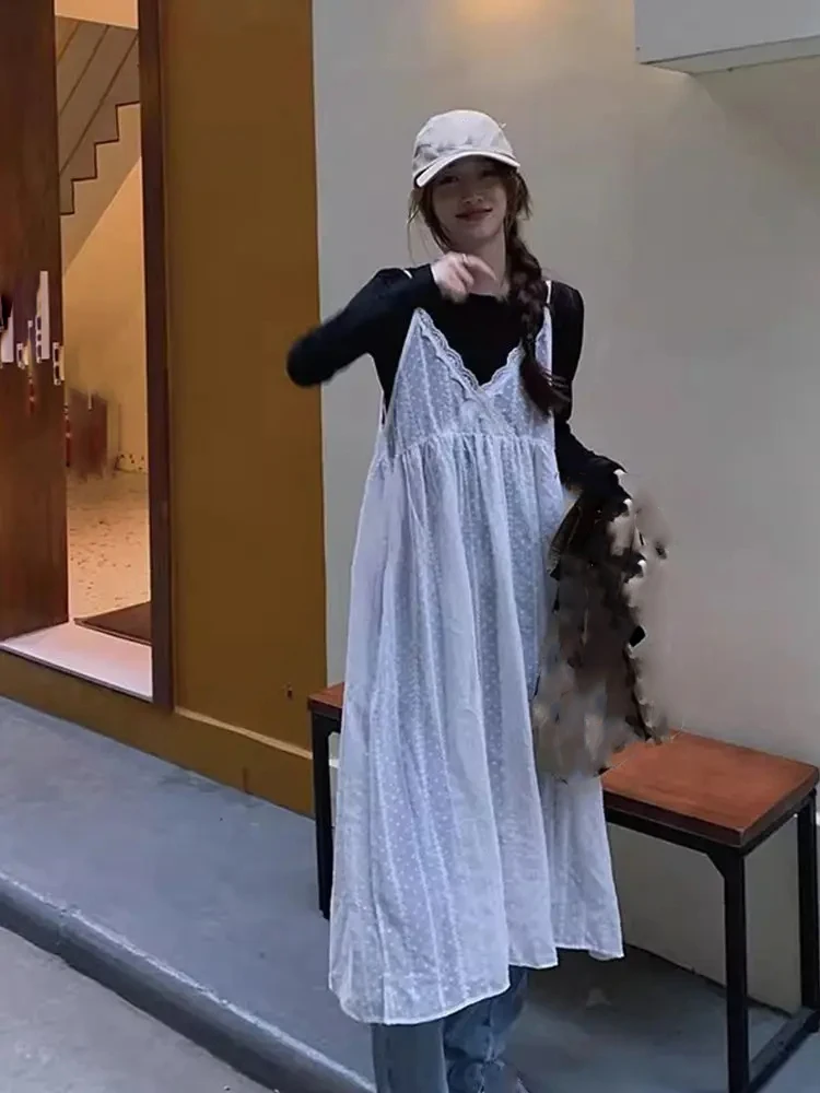 

Модное универсальное кружевное платье-бретелька для женщин, лето 2022, новые сетчатые платья-жилеты Y2k, свободные платья средней длины, Vestidos De Mujer