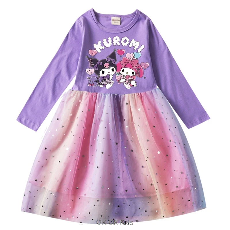 Hot Lovely Kuromi Melody Costumes Lace Rainbow Dress Baby Toddler Birthday Summer Vacation Party Clothes Kids Dress Up