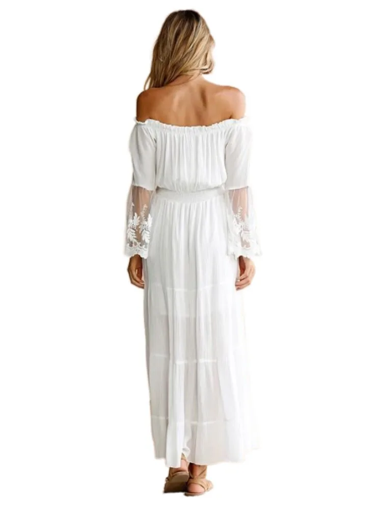 فستان صيفي أنيق بلون واحد للنساء فساتين بوهيمية مثيرة بدون حمالات للخريف من الدانتيل على طراز عطلة الشاطئ على شكل حرف a فساتين للسيدات #6