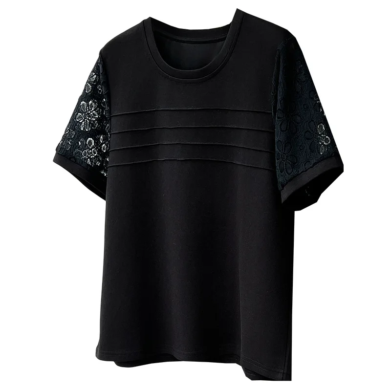 

2026 Summer Plus Size Women Lace Spliced T-shirt Lace Short Sleeve Crew Neck Pullover Casual Slim Tops For Curvy Ladies 2608