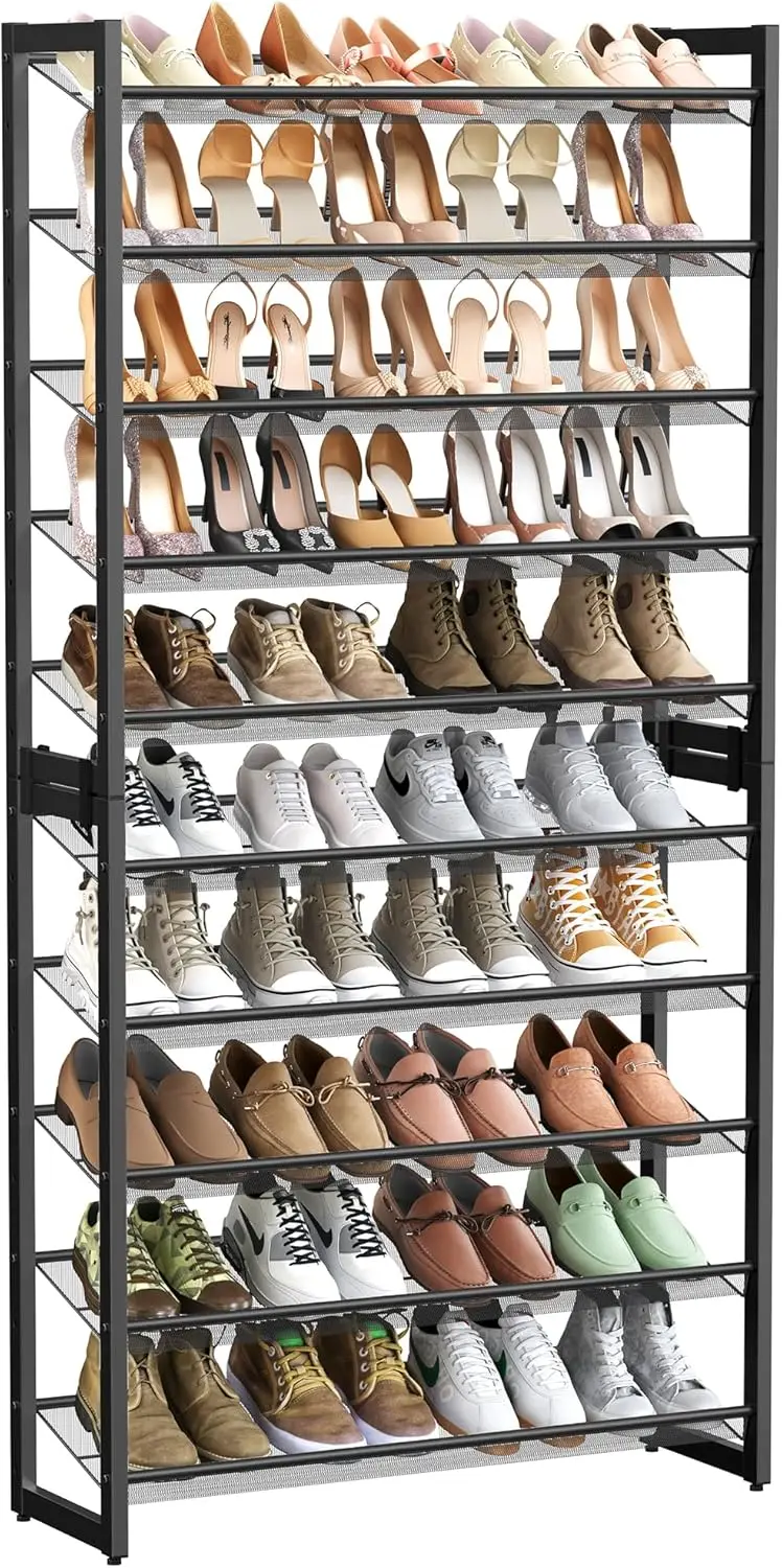 

Shoe Rack, 10-Tier Shoe Organizer, Metal Rack for Garage, Set of 2, 5-Tier Stackable Shelf, Adjustable Flat or Angled Shelves