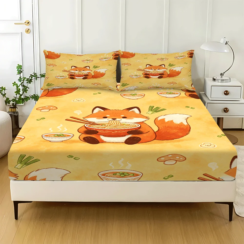 Super Cute Mattress Protector, 2D Flat Printing, Mattress Cover, Fitted Sheet Protector, Mattress Protector, Elastic Fitted Sheet Cover, King/Twin/Queen Size Three-Piece Comfortable Decorative 2D Printed Bedding Set, Includes Deep Pocket Fitted Sheet and Two Pillowcases, Does Not Include Pillow Inserts