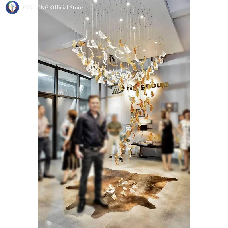 Italy Design Murano Glass Feather Pendant Lamp Blown Glass Leaf Chandelier Staircase Home Decoration Glass Crafts
