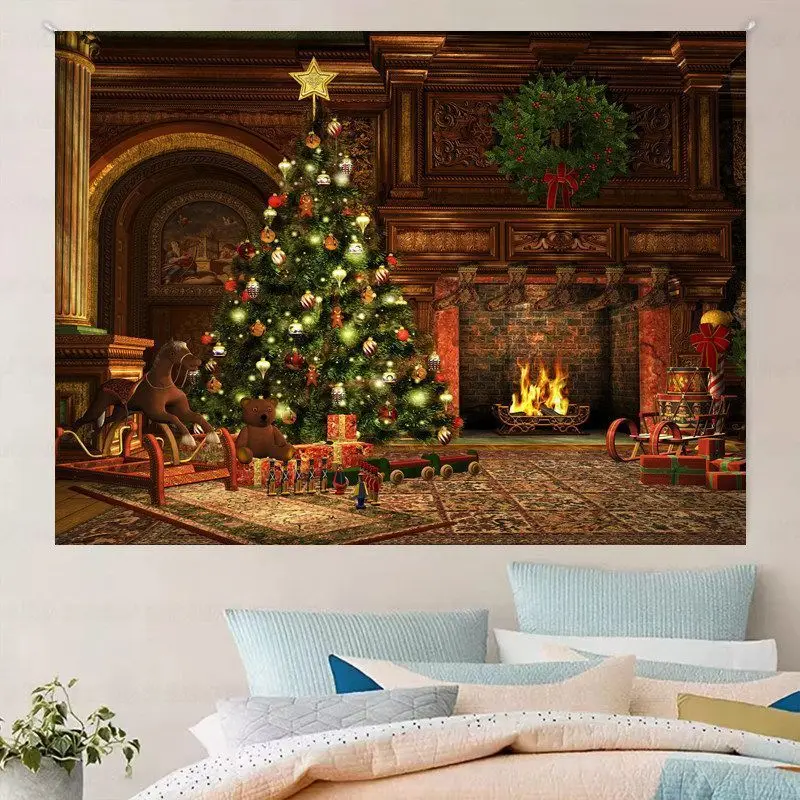 VIKAMA Wall Tapestry Christmas Fireplace Tree Interior Socks Gifts Warm Wall Hanging Dorm Room Aesthetic Xmas Wall Art Festive