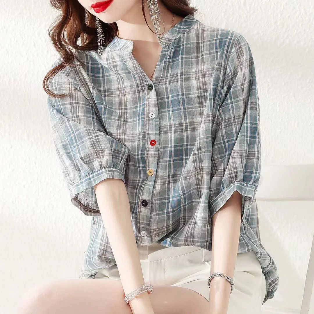 Woman Summer Style Blouses Tops Lady Casual V-Neck Short Sleeve Striped Printed Blusas Tops DF4537